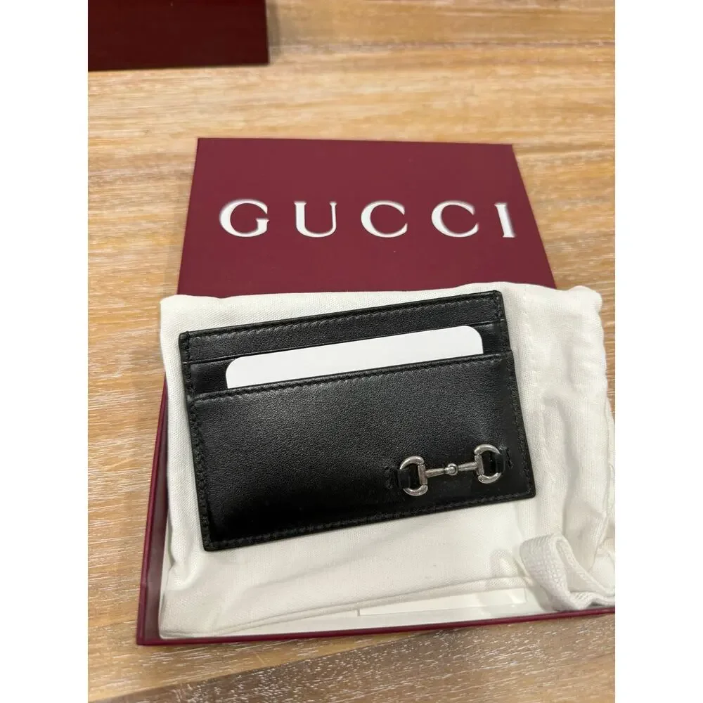 Gucci Mens Horsebit Card Holder Case Wallet Black Leather NEW